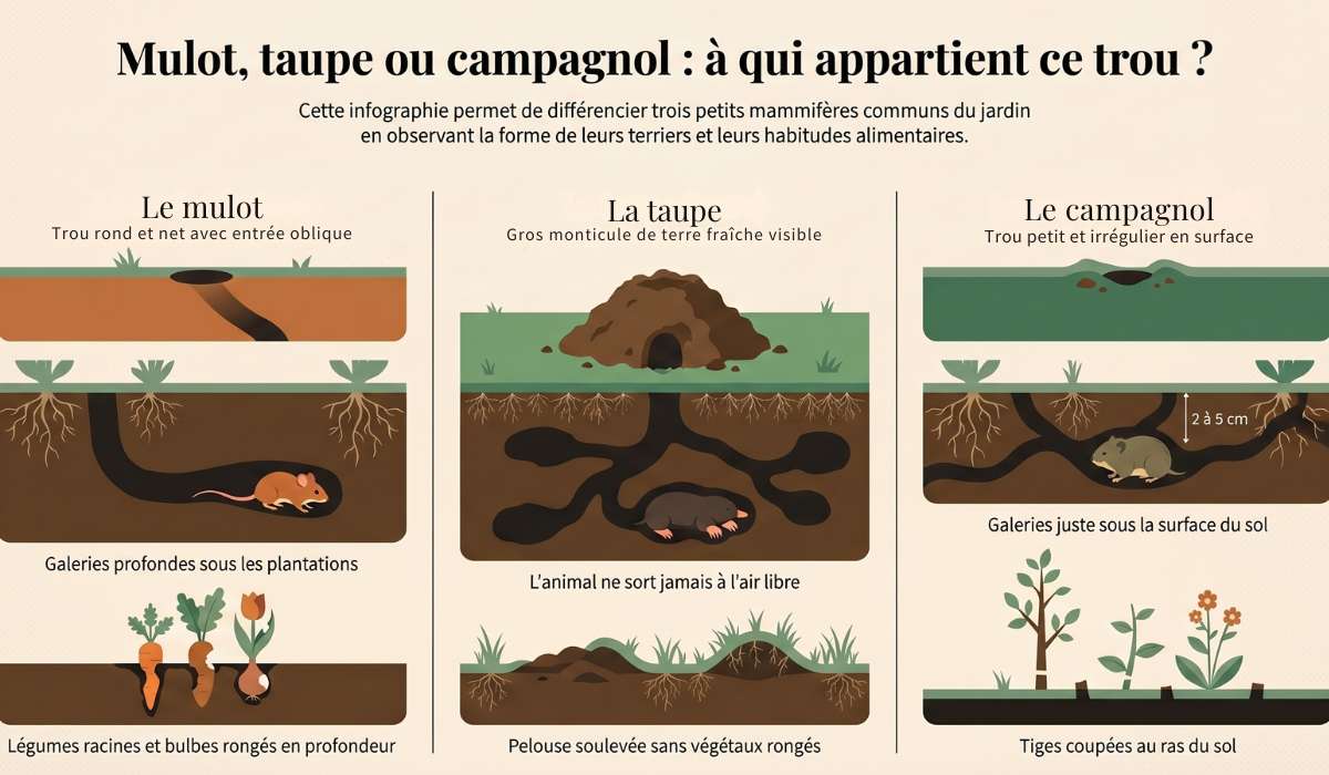 Infographie différence mulot, taupe, campagnol